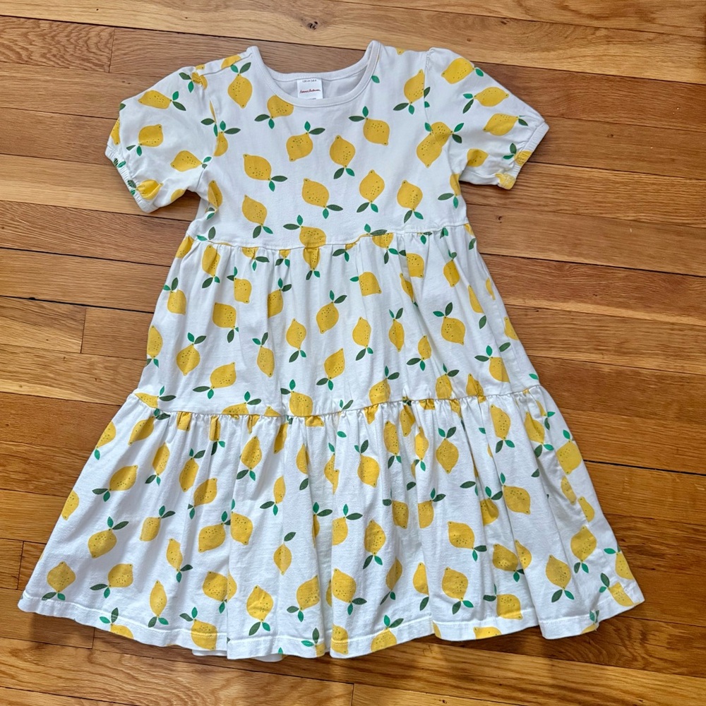 Hanna Andersson Girls’ 130/8 Lemon Print Tiered Twirly Dress